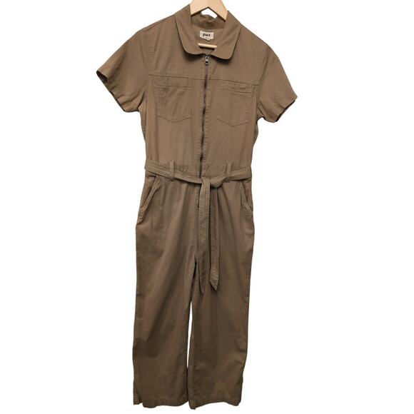 Pact The Boulevard Brushed Twill Zip Front Utility Jumpsuit Brown Workwear Sz M - Picture 1 of 5